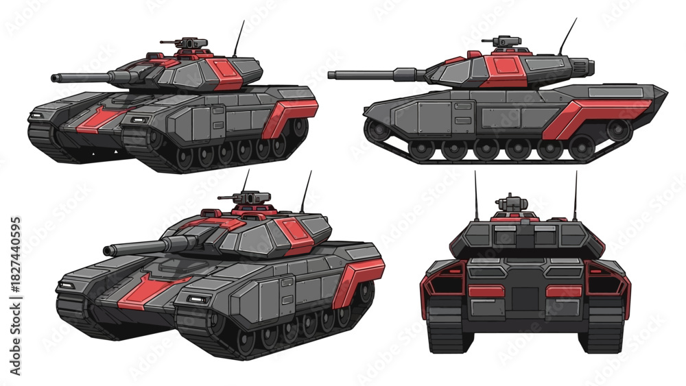 Naklejka premium Military Tank Blueprints - Side, Front, Back, and Top Views of a Futuristic Armored Vehicle