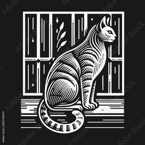 Stylized linocut cat sitting on a windowsill illustration.