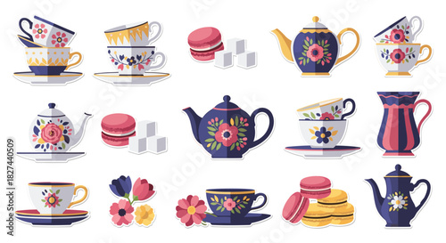 Charming sticker set of tea party elements with floral patterns, including teapots, teacups, macarons, and sugar cubes vector.