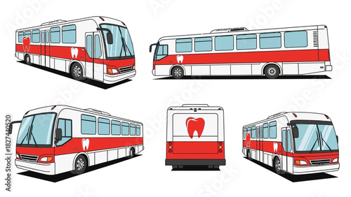 Set of vector illustrations of a dental bus, showing it from multiple angles