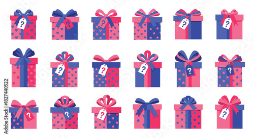 Set of pink and blue mystery gift boxes with question mark tags, perfect for gender reveal parties and special surprises.