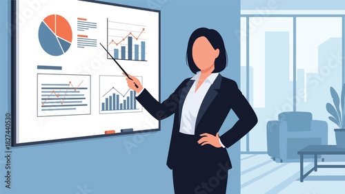 Businesswoman leading a presentation with charts on a whiteboard. Ideal for leadership, teamwork, training visuals, and corporate education content