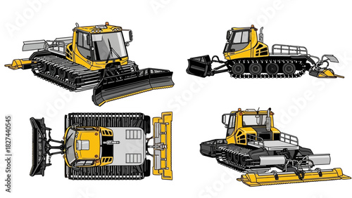 Snow Groomer Vehicle Set Top, Side, Front, and Rear Views of Specialized Tracked Equipment