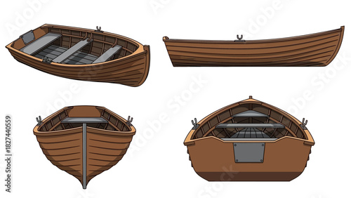 Multiple views of a wooden rowboat, showcasing its design from various angles
