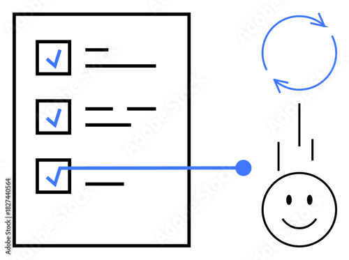 Checklist concept. Checklist with a feedback process by a loop and a happy face. Checklist helps track tasks, feedback improves outcomes. Useful for productivity, workflow, teamwork, evaluations