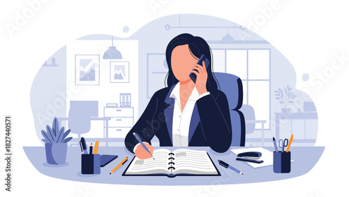Professional woman speaking on phone while working in the office. Ideal for communication, multitasking, customer service, and modern business workflow designs
