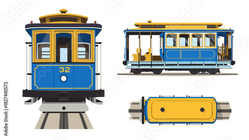 Classic Blue Cable Car in Three Views Front, Side, and Top - Vector Illustration