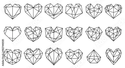 Collection of geometric heart shapes in a low poly, wireframe style, representing modern love and digital romance concepts.