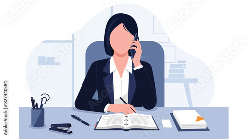 Professional woman speaking on phone while working in the office. Ideal for communication, multitasking, customer service, and modern business workflow designs