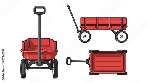 Set of three red wagons shown from different angles front, side, and top views, perfect for playtime