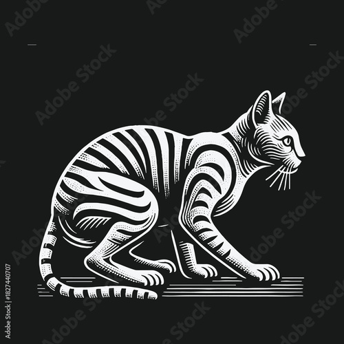 Bold black and white woodcut illustration of a striped cat.