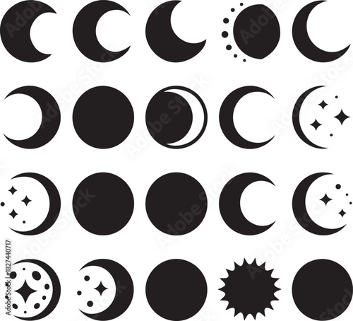Moon phases silhouettes vector design astronomical cycle elements illustration