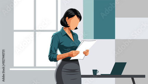 Focused businesswoman reading and reviewing paperwork at office desk. Great for productivity, work analysis, planning, and organizational workplace themes
