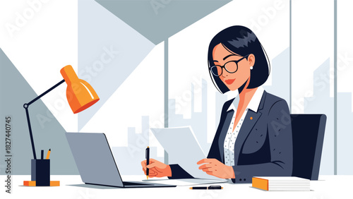 Focused businesswoman reading and reviewing paperwork at office desk. Great for productivity, work analysis, planning, and organizational workplace themes