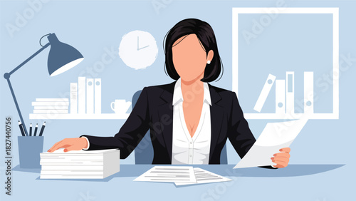 Focused businesswoman reading and reviewing paperwork at office desk. Great for productivity, work analysis, planning, and organizational workplace themes