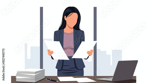 Focused businesswoman reading and reviewing paperwork at office desk. Great for productivity, work analysis, planning, and organizational workplace themes