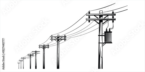 Black and white illustration of a line of utility poles with power lines and transformer electricity