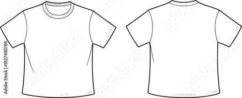 CAD drawing flat vector illustration of t shirt front and back view, crew neck short sleeve plain unisex design, fashion garment sketch