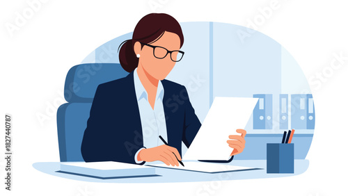 Focused businesswoman reading and reviewing paperwork at office desk. Great for productivity, work analysis, planning, and organizational workplace themes