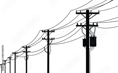 Black silhouette of power poles and electrical wires against white background electricity cable