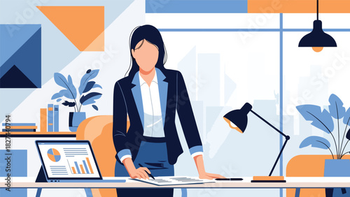 Focused businesswoman reading and reviewing paperwork at office desk. Great for productivity, work analysis, planning, and organizational workplace themes