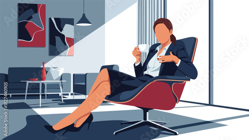Businesswoman relaxing with tea during break time in modern office. Ideal for workplace wellness, balance, stress relief, and healthy work lifestyle visuals