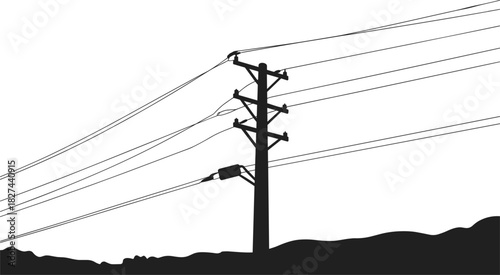 Black silhouette of a telephone pole with multiple wires and transformer power lines electricity