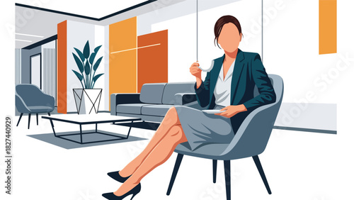 Businesswoman relaxing with tea during break time in modern office. Ideal for workplace wellness, balance, stress relief, and healthy work lifestyle visuals
