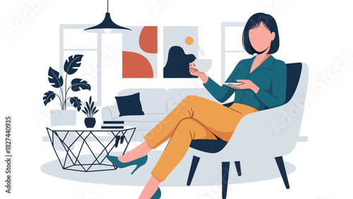 Businesswoman relaxing with tea during break time in modern office. Ideal for workplace wellness, balance, stress relief, and healthy work lifestyle visuals