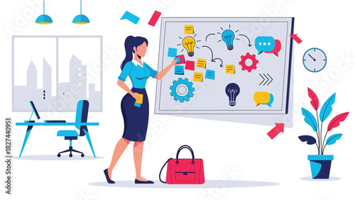 Creative woman brainstorming ideas using colorful sticky notes in office. Ideal for innovation, teamwork, concept development, and planning workflow themes