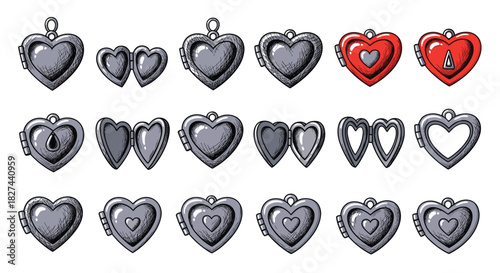Vintage collection of hand-drawn heart-shaped lockets, shown both open and closed, in a detailed engraved sketch style.