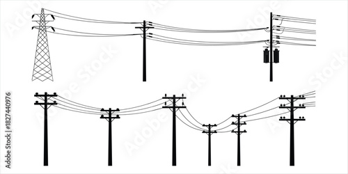 Black silhouette of power lines and utility poles against white background electricity 1