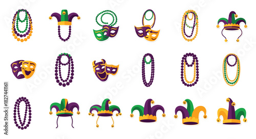 Festive collection of Mardi Gras stickers featuring colorful masks, beaded necklaces, and jester hats for carnival celebrations.