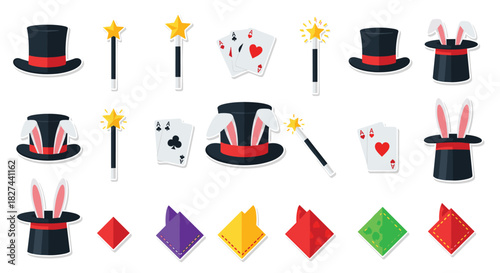 Magical collection of circus and magic show stickers featuring top hats with rabbit ears, wands, and playing cards.