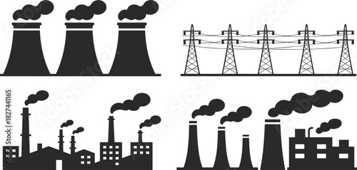 Black silhouette industrial factory buildings power lines and cooling towers electricity transmission