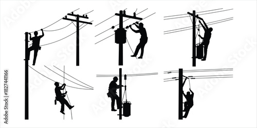 Six Silhouettes of Linemen Working on Utility Poles with Wires and Transformers lineman power line