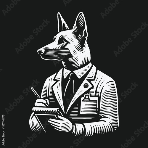 Professional anthropomorphic dog in a lab coat writing notes.