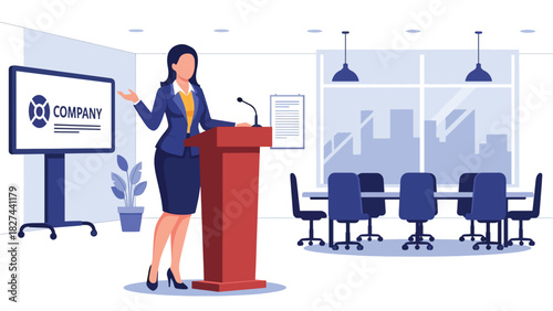 Confident woman speaking from podium while leading a meeting or presentation. Ideal for leadership, corporate culture, and motivational teamwork visuals