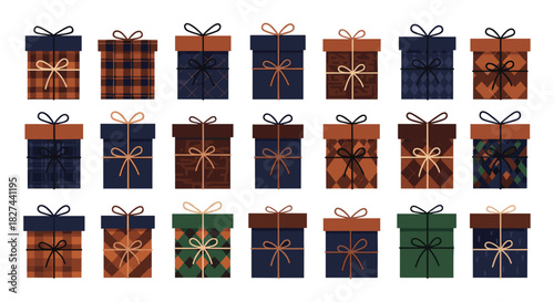 Cozy collection of gift boxes wrapped in classic plaid, tartan, and argyle patterns, perfect for autumn and winter holidays.
