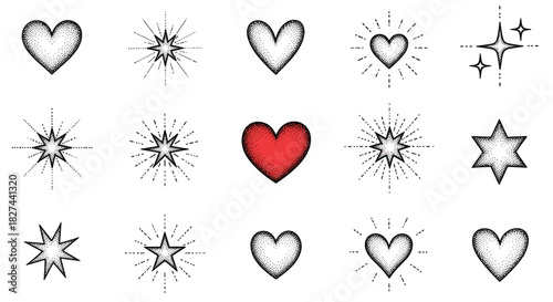 Hand-drawn collection of stippled hearts and stars with radiating lines, created with a dotwork tattoo-style technique.