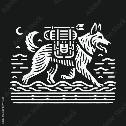 Brave canine explorer with a backpack on a nocturnal adventure.