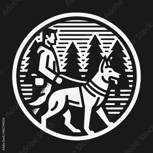 Stylized circular emblem of a man and his dog in nature.