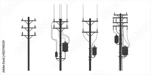 Four dark silhouette utility poles with wires transformers and insulators power pole electricity
