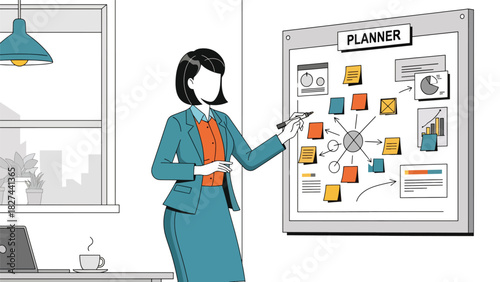 Professional woman reviewing calendar tasks to plan daily schedule. Ideal for productivity, time management, and business planning content