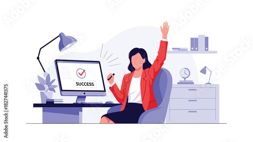Excited businesswoman celebrating achievement at her desk. Ideal for motivation, success themes, teamwork celebration visuals, and professional growth content