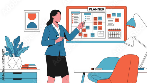 Professional woman reviewing calendar tasks to plan daily schedule. Ideal for productivity, time management, and business planning content