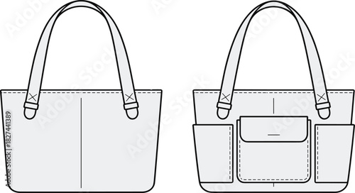 CAD drawing flat vector illustration of handbags front view, simple tote design and pocketed handbag variation, fashion accessory technical sketch