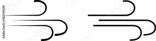 Black Wind Breeze Swirl Icon Set Collection Group in Flat Line Style, Air Flow Symbol Pack with Abstract Curved Gust Shapes, Minimal Outline Weather Elements and Motion Lines Vector Illustration