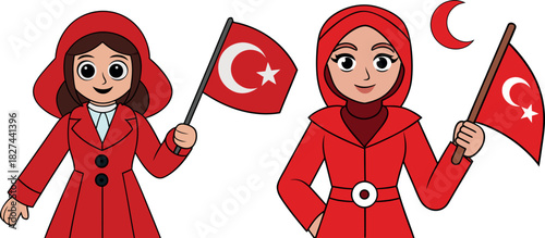 Turkish Flag Cartoon, Girl Illustration Vector, Cute Patriot Artwork, Hand Drawn Flag Design, Turkish Girl Cartoon, Cultural Artwork Design, National Day Vector, Celebration Flag Art, Cute Cartoon Vec