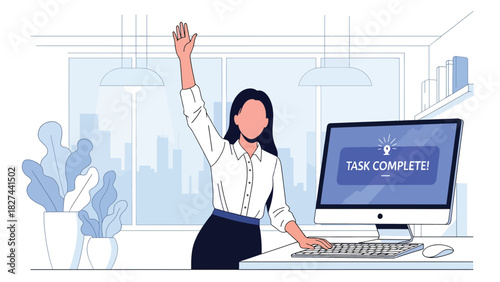 Excited businesswoman celebrating achievement at her desk. Ideal for motivation, success themes, teamwork celebration visuals, and professional growth content